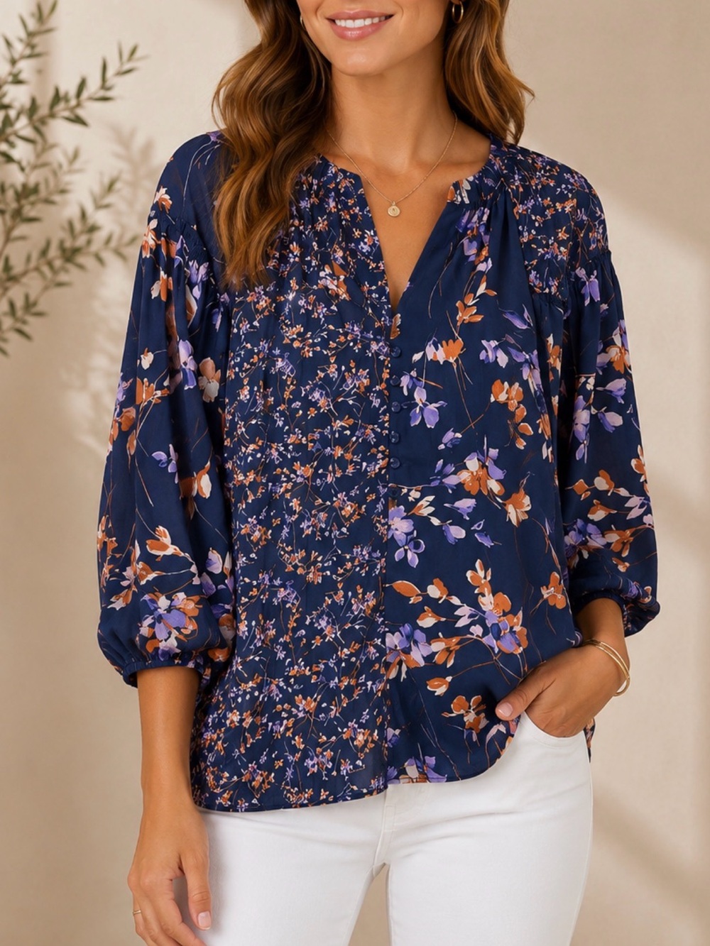 Zac & Rachel 1X mixed media floral V neck puff sleeve cottagecore plus size top